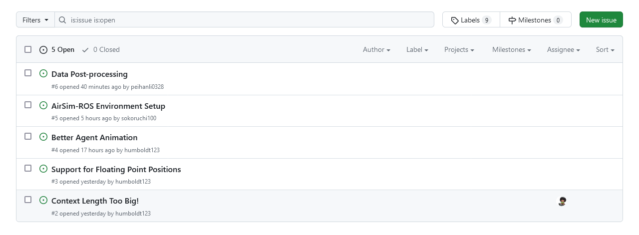 Screenshot of the Github issues board