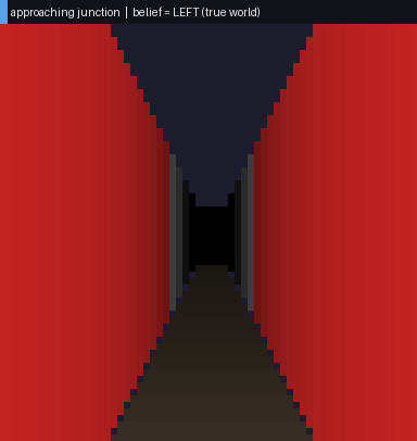 Two agents in identical mazes; the lower one's belief is edited and it goes the wrong way, then self-corrects