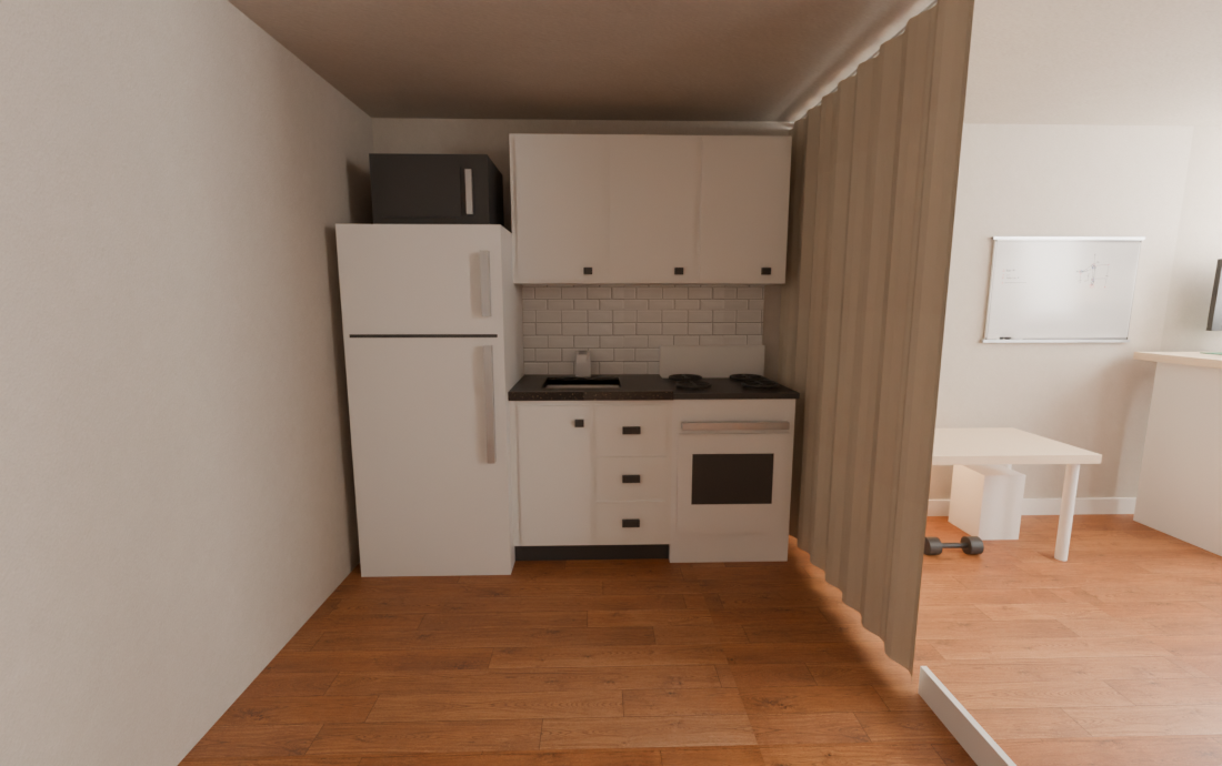 Kitchen with subway tile and speckled countertop