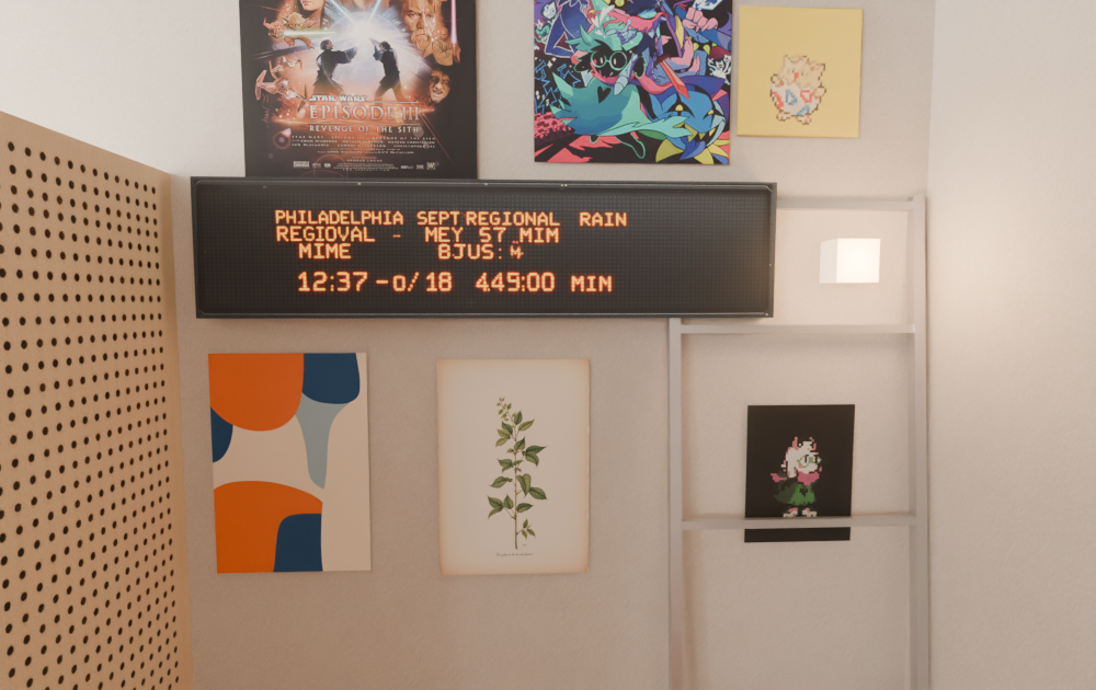 Wall with hand-painted pixel art canvases