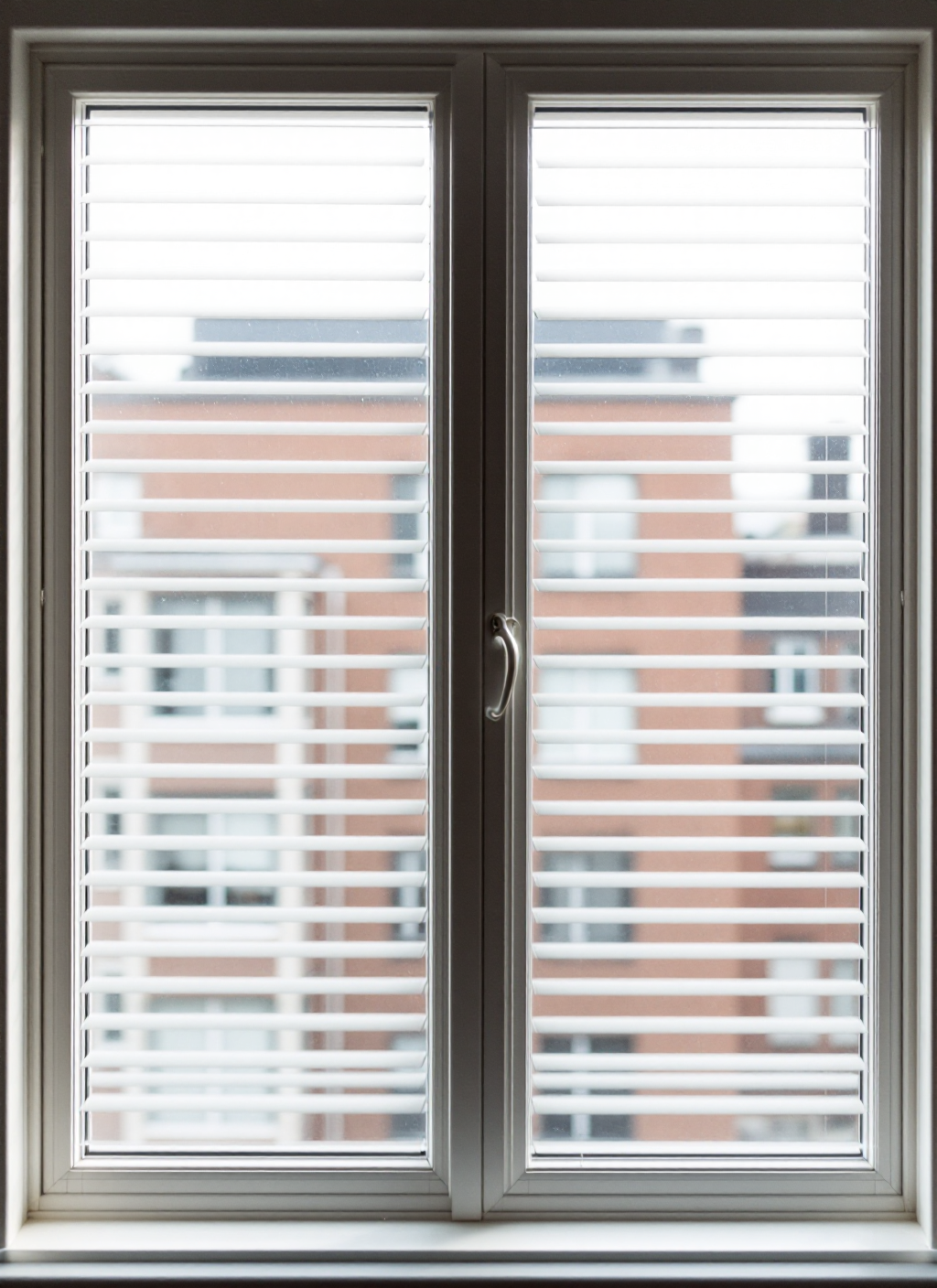 Window with venetian blinds and brick view
