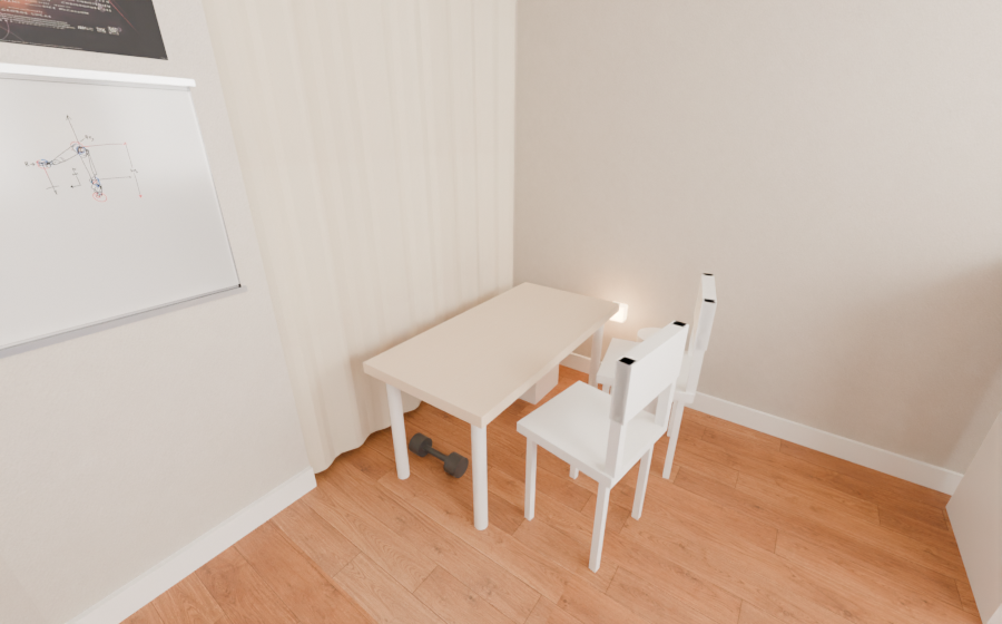 Table with two white chairs in front of the curtain