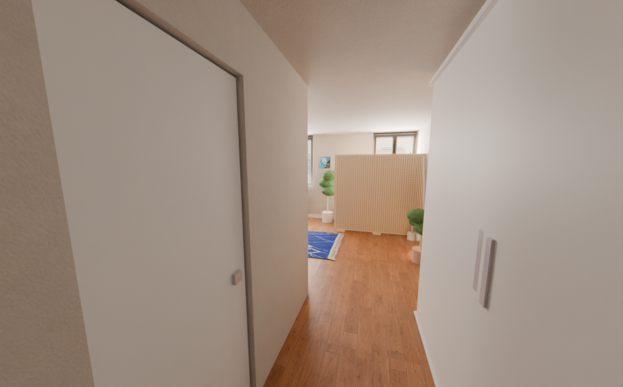 Entry view with bed along the window wall