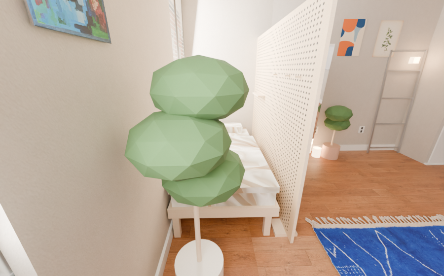 The bed pod behind the full-length pegboard