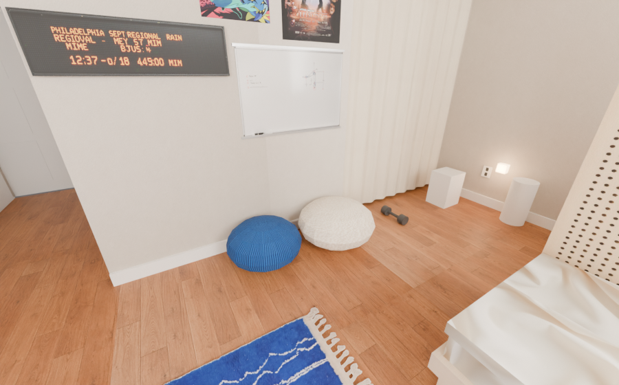 Two beanbag chairs under the whiteboard