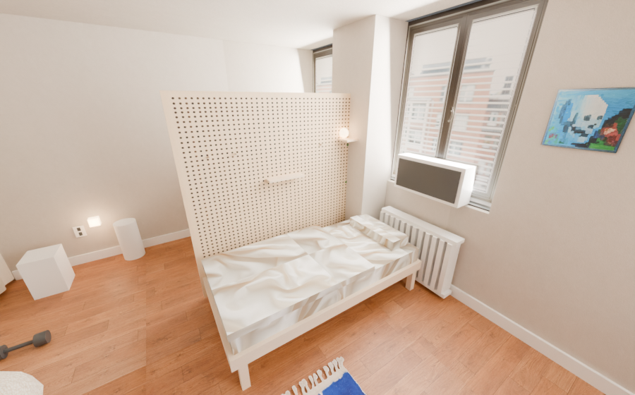 Desk, pegboard, bed sandwich arrangement