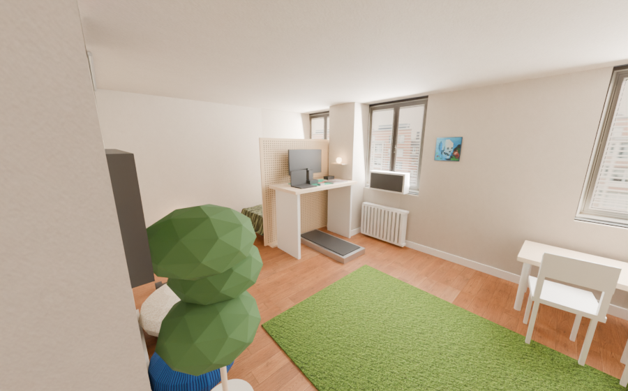 Daytime render with the desk facing the room and the green rug