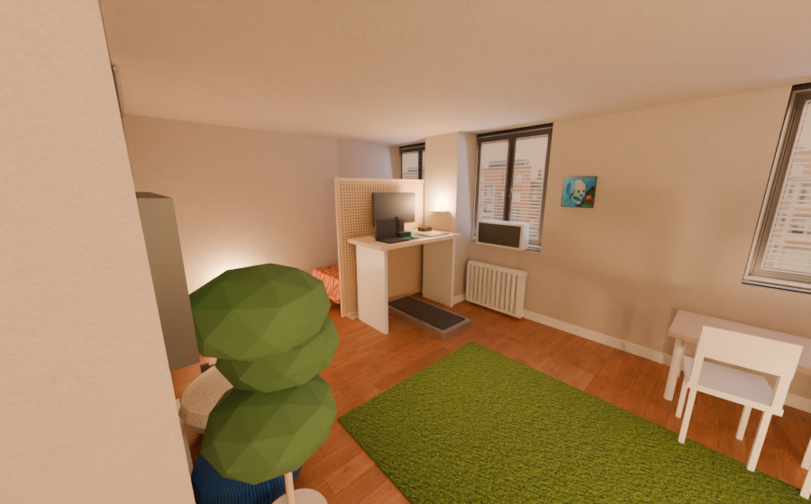 Night render, green rug with clay bedding