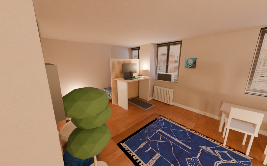 Night render, cobalt rug with indigo bedding