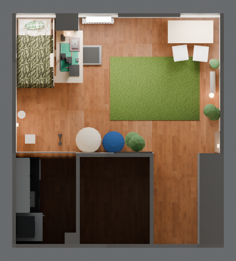 Overhead floor-plan render of the finished apartment model
